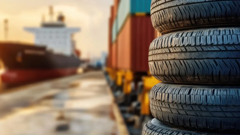 pneus empilhados em porto marítimo