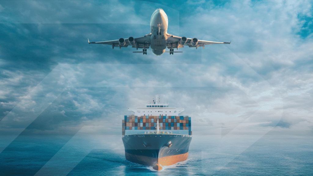 Avião e Navio de carga e alto mar